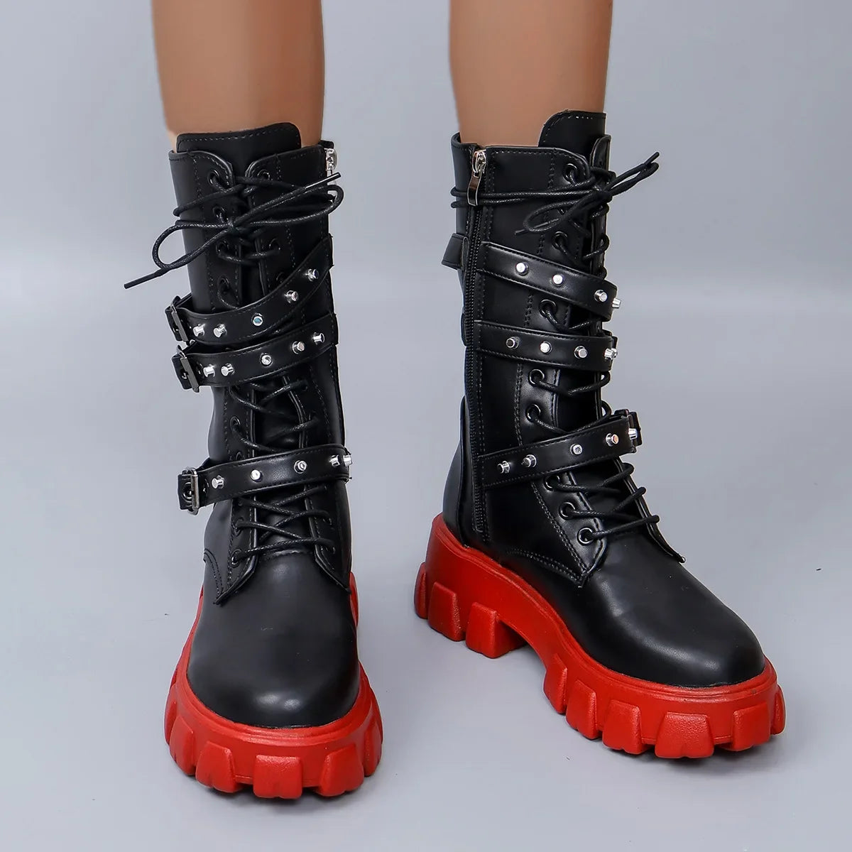 Luxury Brand Woman Boots  Winter New Pu Leather Platform Fashion Lace Up Punk Gothic Booties Casual Work Shoes botines mujer