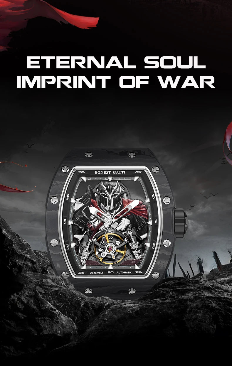 BONEST GATTI Fashion Automatic Movement Wristwatch Skeleton Luminous Big Dial Sapphire Glass Mechanical Watches for Men