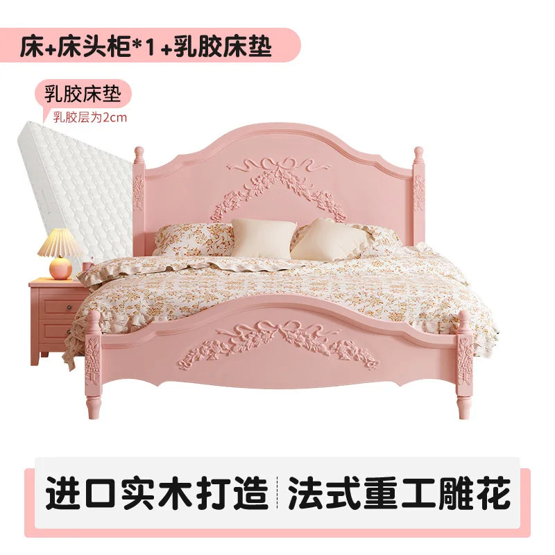 French Solid Wood Bed Pink Princess Bed Girl Bedroom 1.8 Meters 1.5m Double Retro European Carved Bed American