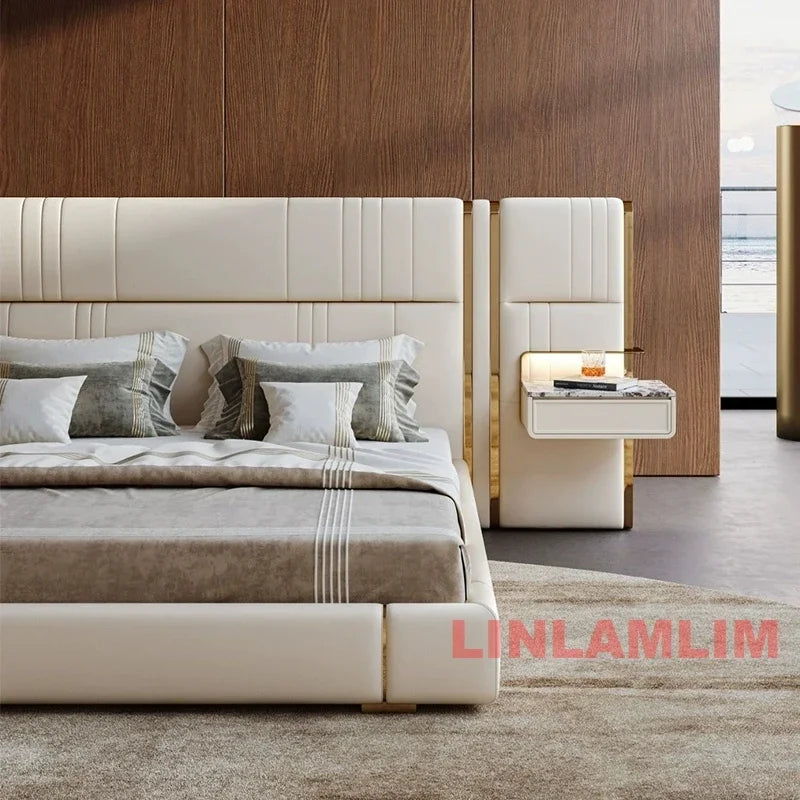 MINGDIBAO Luxury King / Queen Size Upholstered Bed Frame with Nightstands & Gold Accents, Modern Designer Genuine Leather Bed