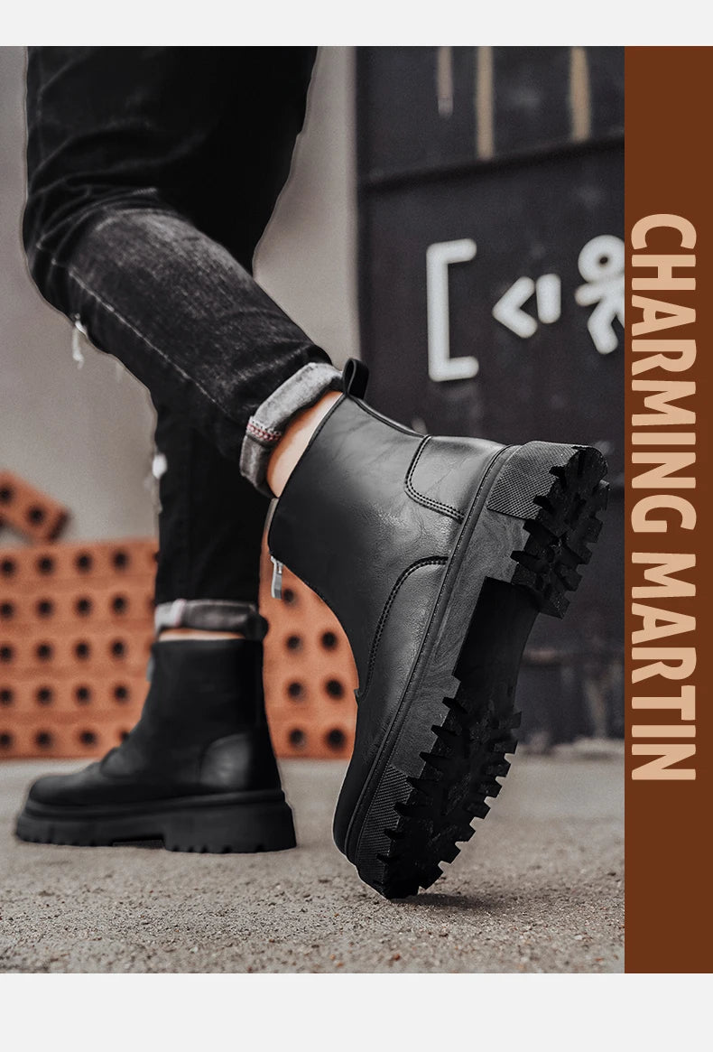 Men's Winter Leather Boots High Tops Zippers Waterproof Big Round Toe Trendy All-match New Fashion Mans Tooling Boot Main Push
