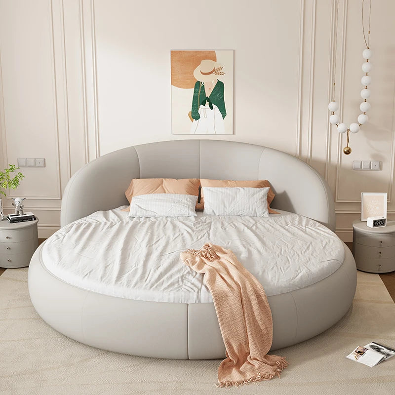 Round Leather Double Bed Luxury Aesthetics Bedroom Modern Simple Light Luxury Bed Cream Style Adult Beliche Salon Furniture