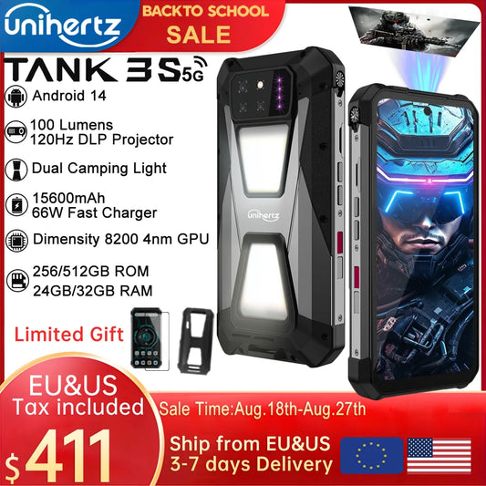 Unihertz tank 3s 8849 powered phone with projector 24/32GB 256/512GB Dimension 8200 cellphone 15600mAh 66W smartphones