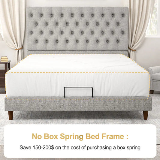 Upholstered Bed Sturdy Frame Easy Assembly Modern High Back Headboard Bed High Stability for Bedroom