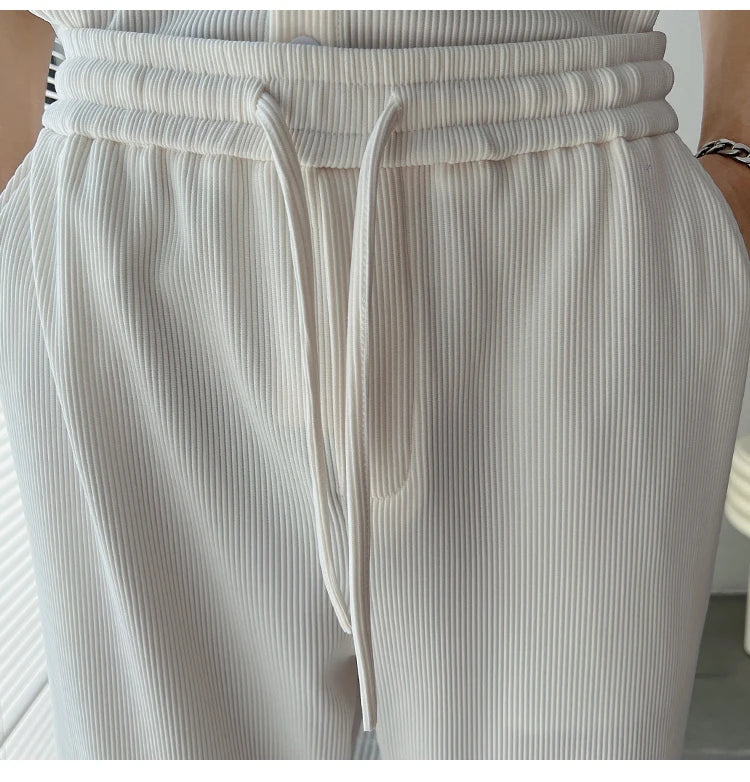 Summer Pleated Sets Men Fashion Black/White Casual Ice Silk Suit Men Korean Short-sleeved Shirt/Trousers Two-piece Mens Set