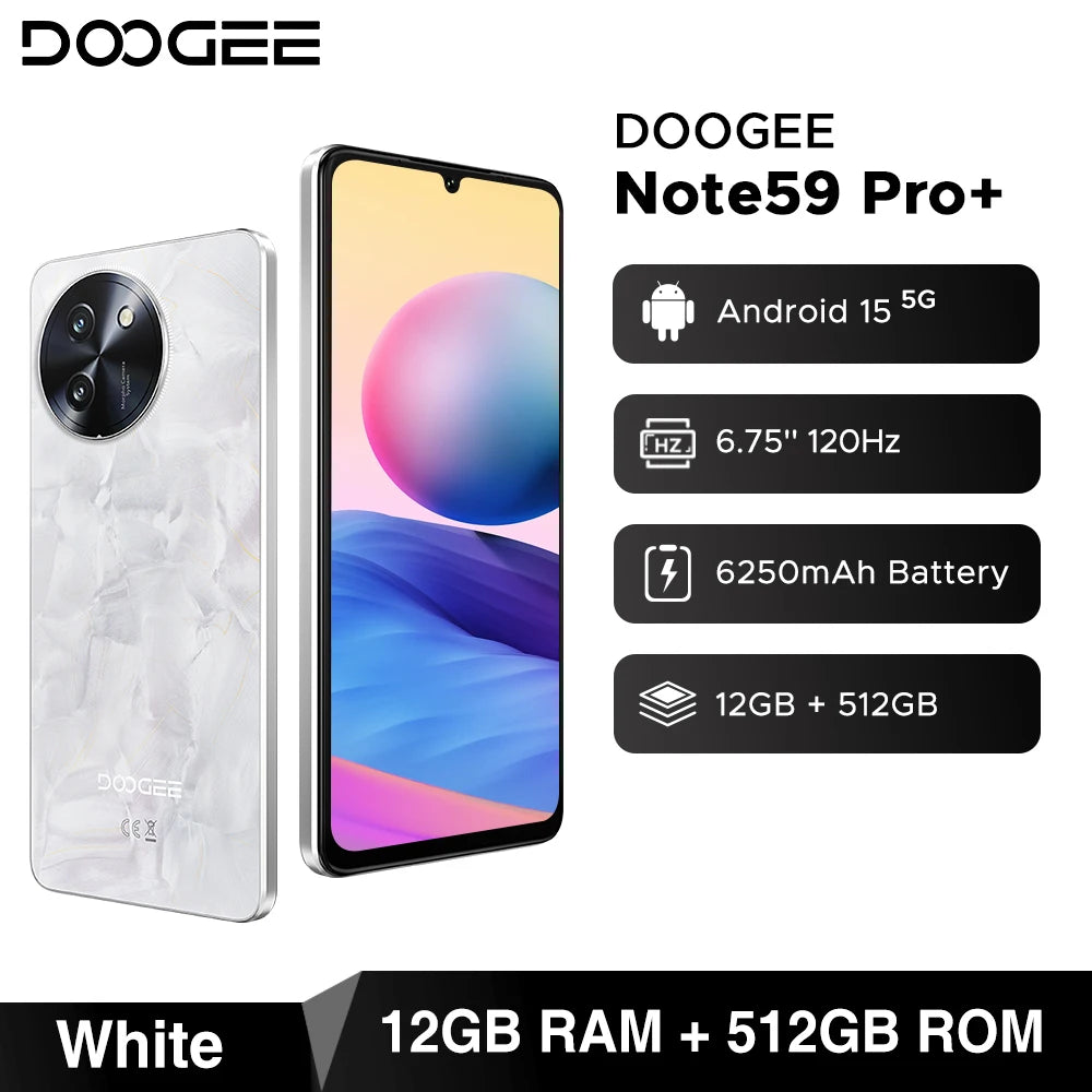DOOGEE Note59 Pro+ 5G Smartphone Android 15 Global Version 6250mAh Battery 6.75'' 120Hz Display 12GB 512GB Mobile Phone NFC