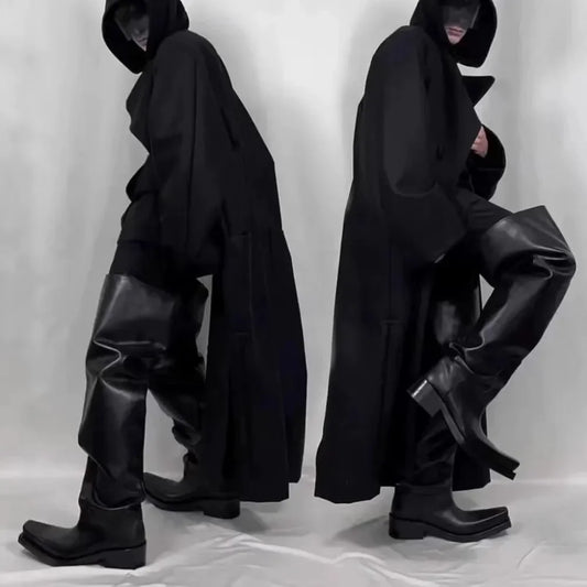 Black Riding Boots for Women Men Square Toe Chunky Platform Over The Knee High Boots Pleated Loose Tube Long Boots Slip On