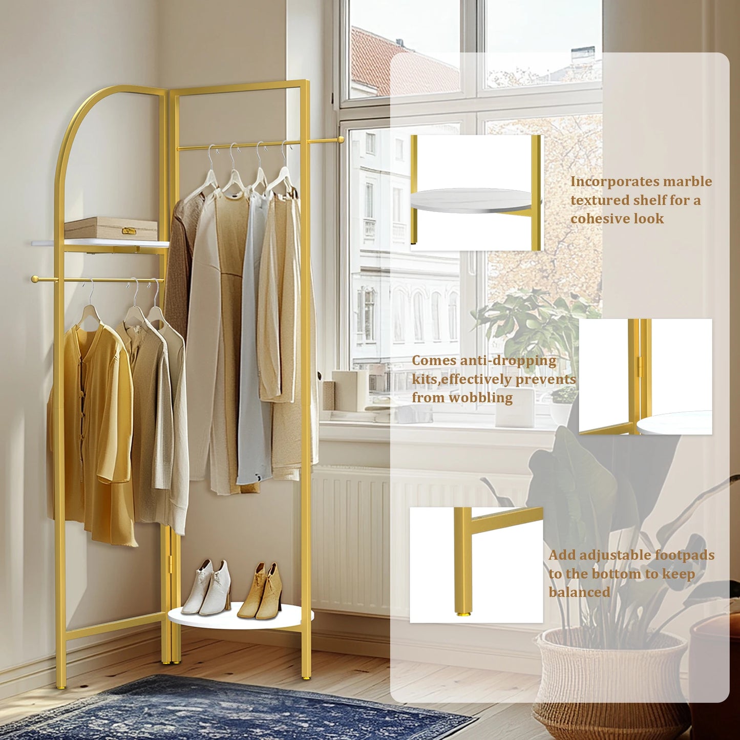 Wisfor Corner Gold Metal Clothing Racks,Heavy Duty Freestanding Clothes Racks Coat Rack for Hallway Entryway, Garment racks