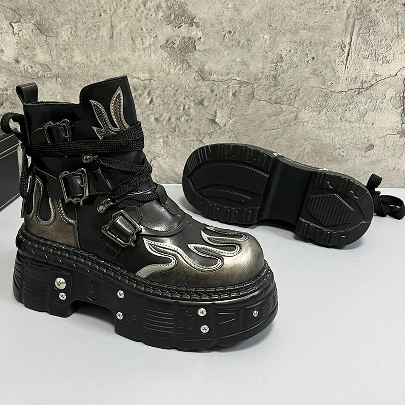 Men's 2024 Winter New Thick-soled Inner Heightening Fashion Fried Street Personality High-top Leather Boots