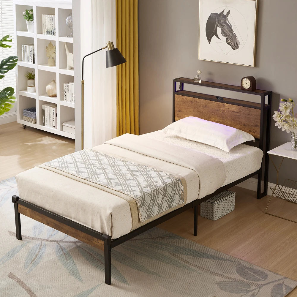 Metal Bed Frame, Wooden Headboard, USB Ports, No Box Spring, Under Bed Storage, Easy Assembly  Bed Frame Furniture Bedroom