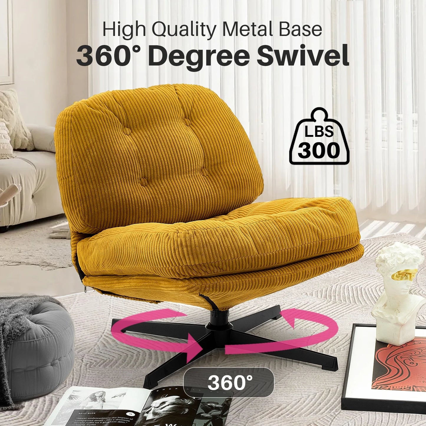Redlife Modern Foldable Accent Chair 360° Swivel Tufted Lazy Chair Upholstered Lounge Chair w/ Thickened Cushion for Living Room