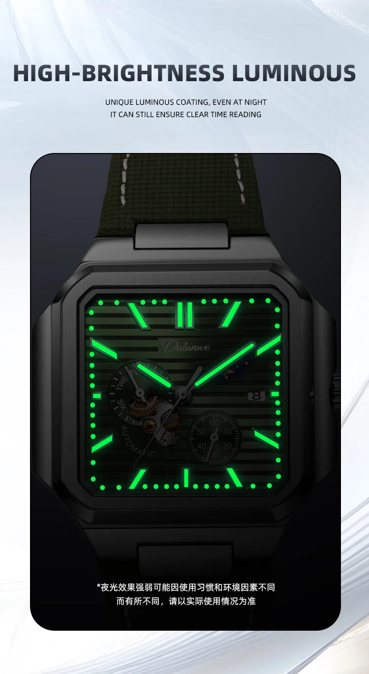 Dulunwe Fashion Men's Watch Automatic Mechanical Multi-function Small Dial Square Design 30M Waterproof Top Brand Wristwatches