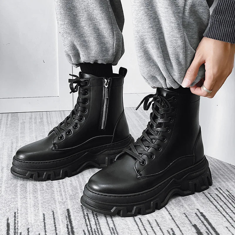 Leather England Black Men's Biker Boot Fashion Young Waterproof Trendy Boots Man Autumn Winter High Top Classic Basic Shoes