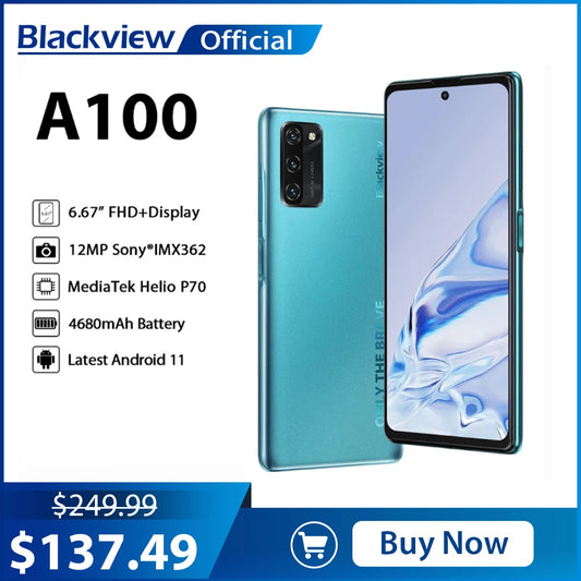 Blackview A100 Helio P70 Android 11 Smartphone 6GB+128GB 6.67" 4680mAh Cellphone NFC Cellura 4G LTE Mobile Phone 18W Fast Charge