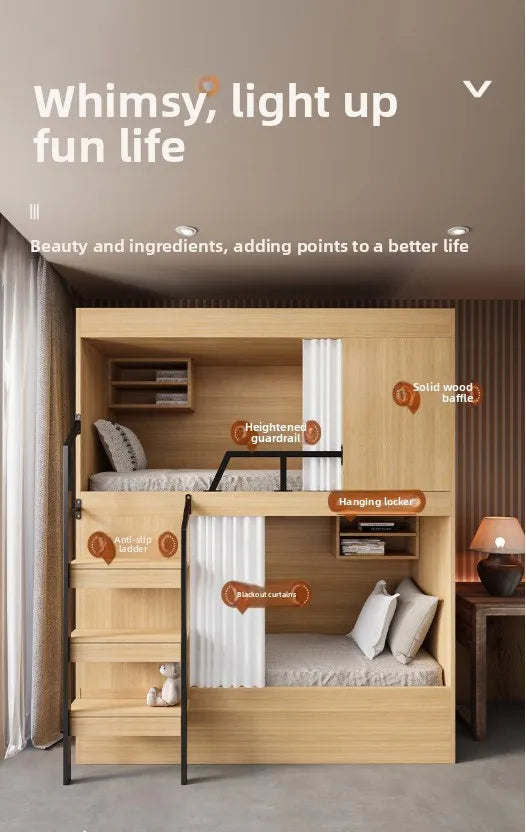 Family Parent-child Bed Space Capsule High and Low Bed Staff Bunk Bed Hotel Upper and Lower Wooden Beds