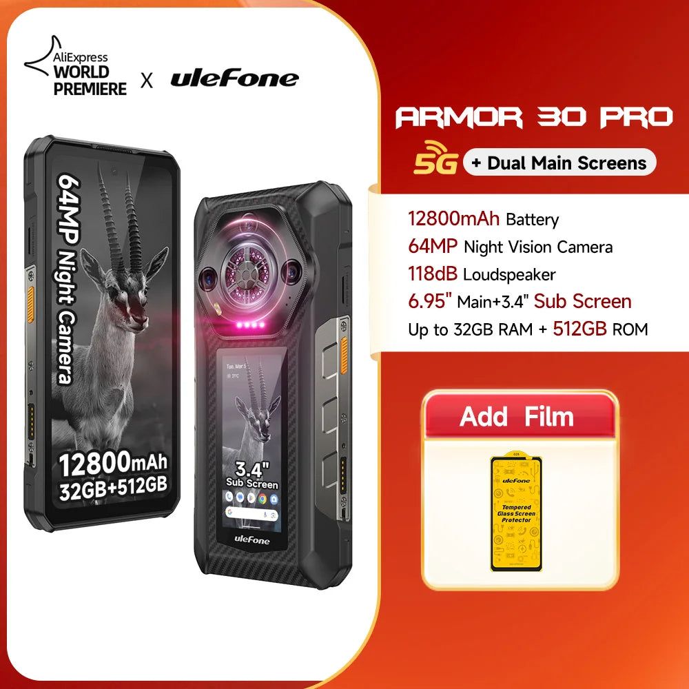 Ulefone Armor 30 Pro 5G Rugged Phone Android 14 Smartphone 6.95" 120Hz 32GB+512GB 12800mAh Night Camera 64MP NFC