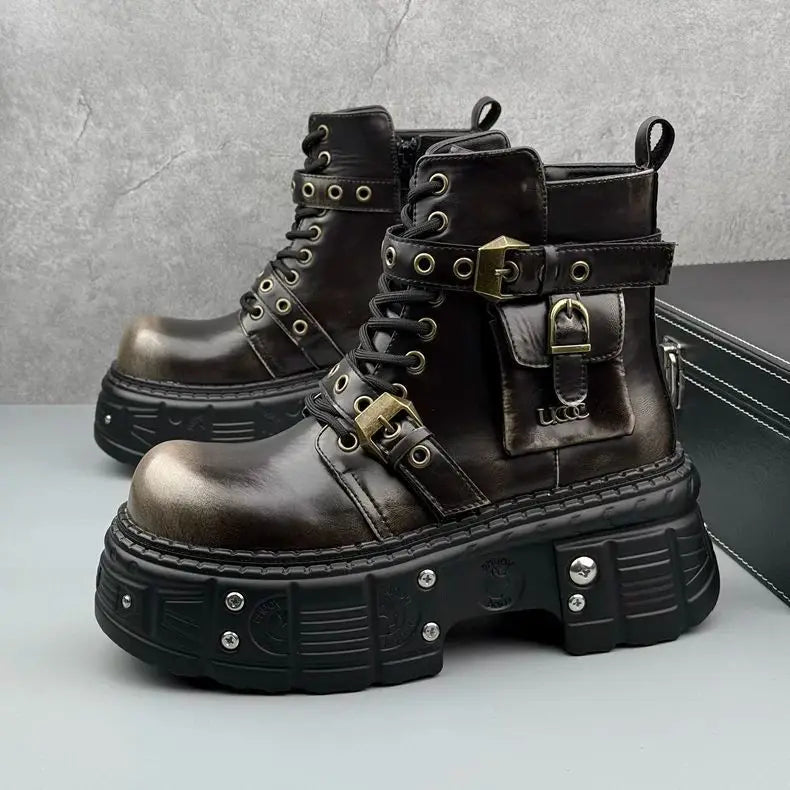 Thick-soled Men's 2024 Autumn and Winter Niche Design Fashion Heightening Short Dark Punk Wind Motorcycle Boots