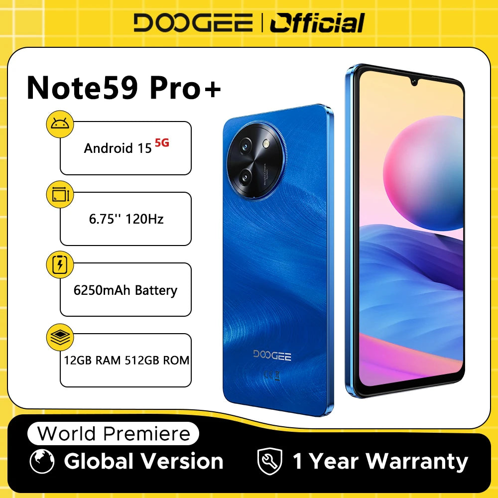 DOOGEE Note59 Pro+ 5G Smartphone Android 15 Global Version 6250mAh Battery 6.75'' 120Hz Display 12GB 512GB Mobile Phone NFC