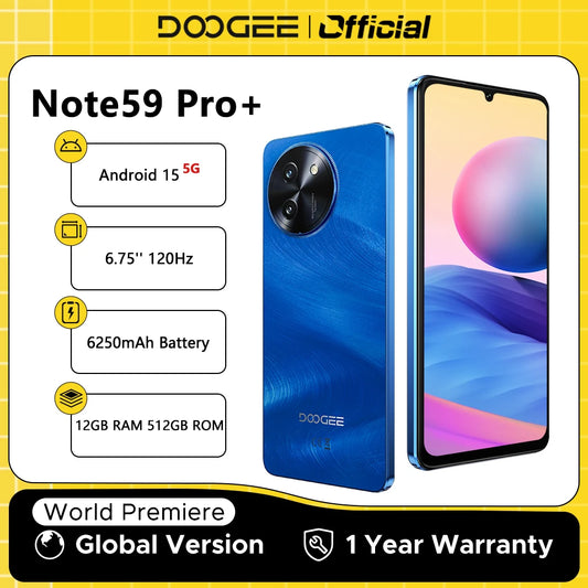 DOOGEE Note59 Pro+ 5G Smartphone Android 15 Global Version 6250mAh Battery 6.75'' 120Hz Display 12GB 512GB Mobile Phone NFC