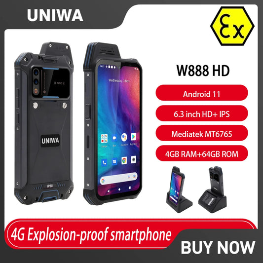 UNIWA W888 ATEX Explosion Andriod Smartphone Walkie Talkie IP68 6.3“ HD 4GB 64GB 4400mAh NFC Certification Explosion-proof Phone
