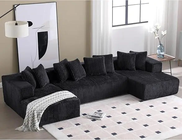 131'' Modular Sectional Couch, Modern U-Shaped Floor Sofa with Double Chaise Lounge, Comfy Corduroy Fabric Couch, Upholstered Co