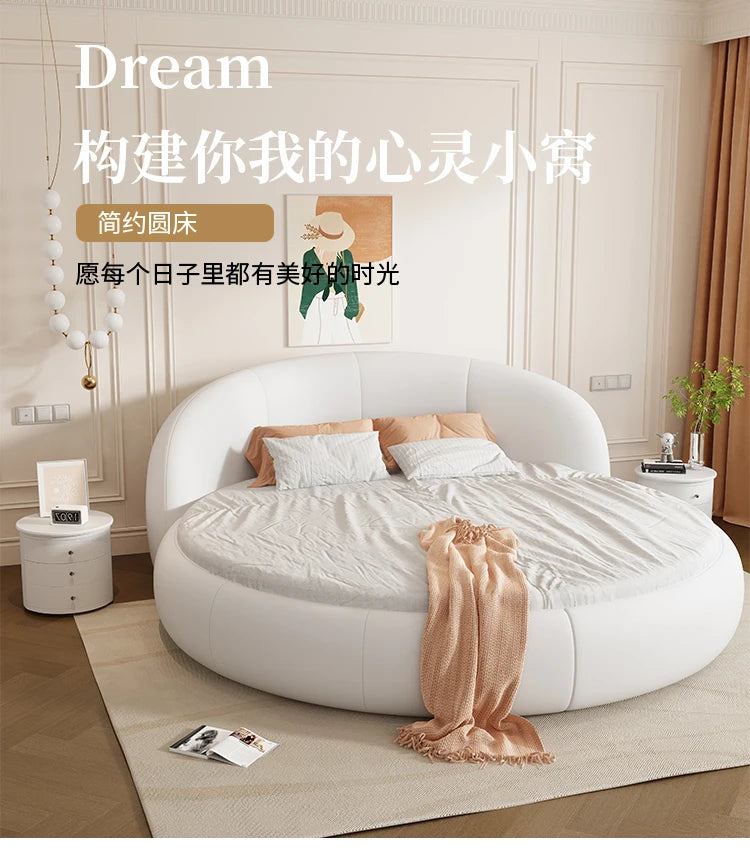 Round Leather Double Bed Luxury Aesthetics Bedroom Modern Simple Light Luxury Bed Cream Style Adult Beliche Salon Furniture