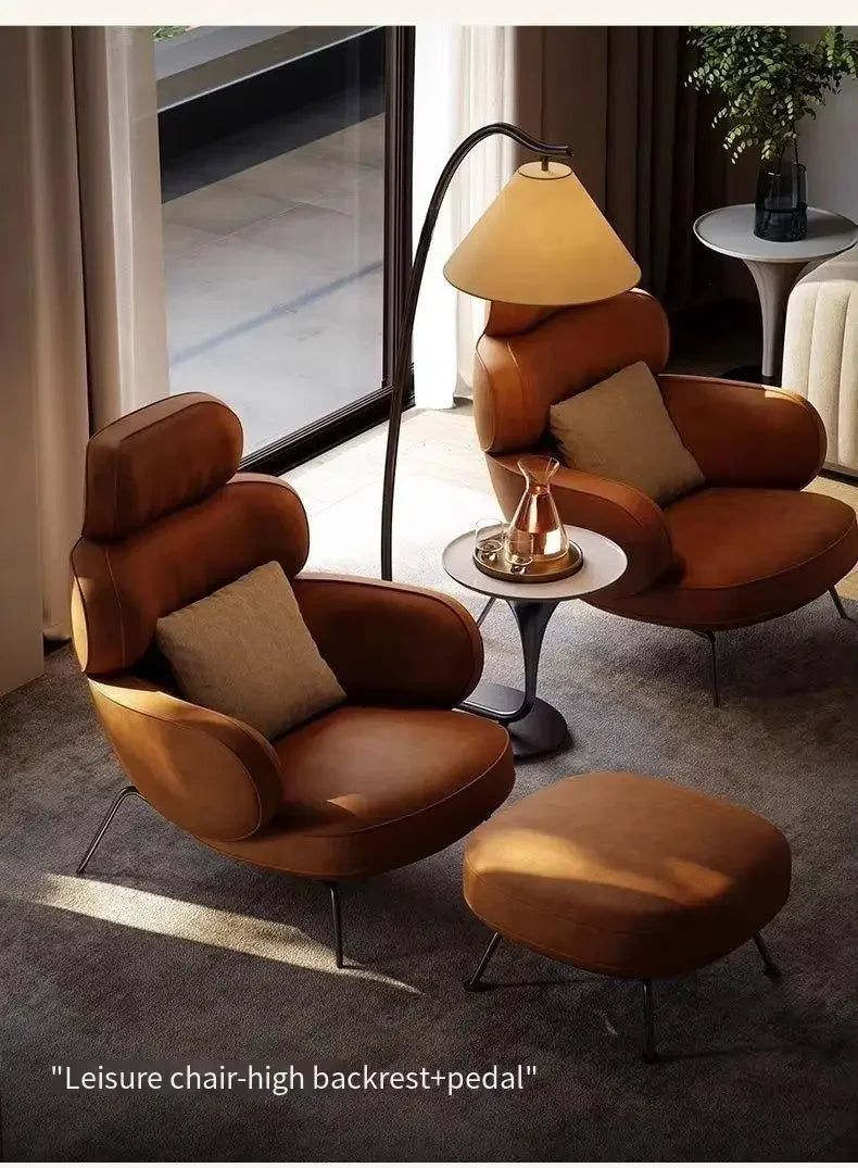 Leather Simple Living Room Chairs Brown Italian Hotel Salon Lounge Chairs Armchair Puffs Designer Fauteuils De Salon Furniture