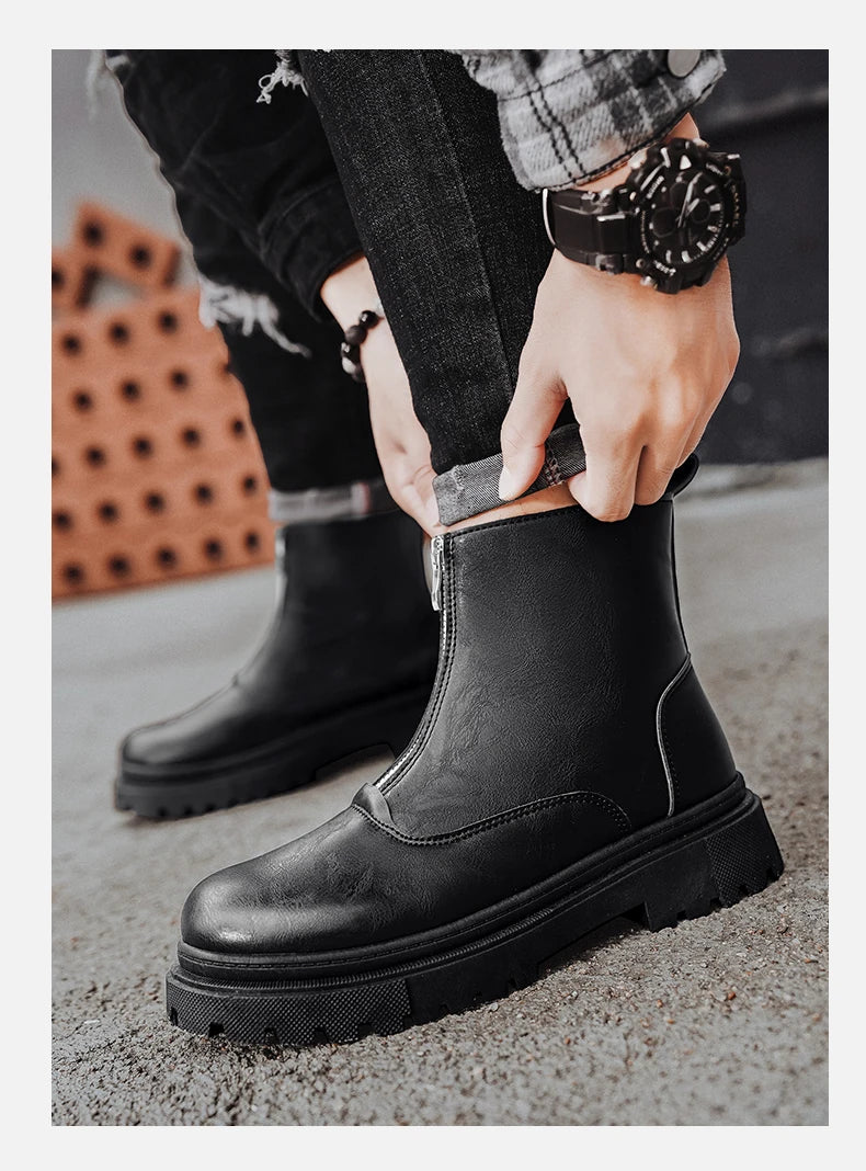 Men's Winter Leather Boots High Tops Zippers Waterproof Big Round Toe Trendy All-match New Fashion Mans Tooling Boot Main Push
