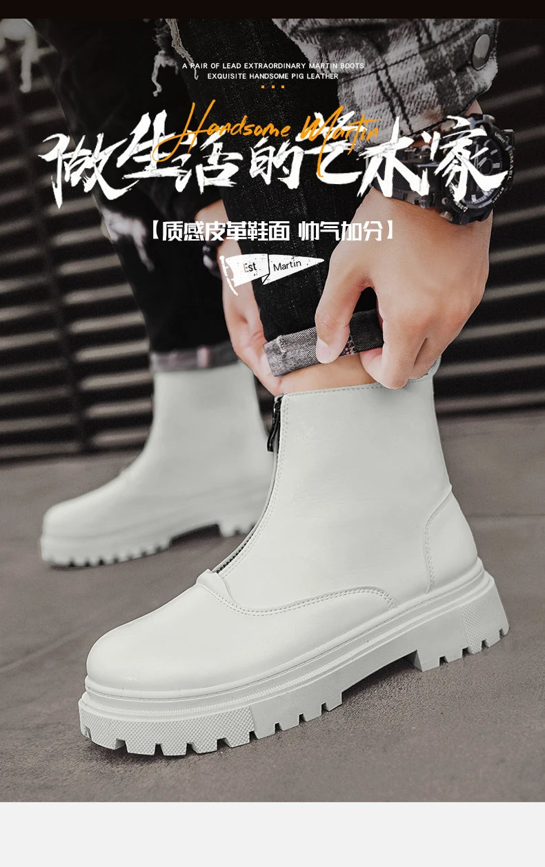 Men's Winter Leather Boots High Tops Zippers Waterproof Big Round Toe Trendy All-match New Fashion Mans Tooling Boot Main Push