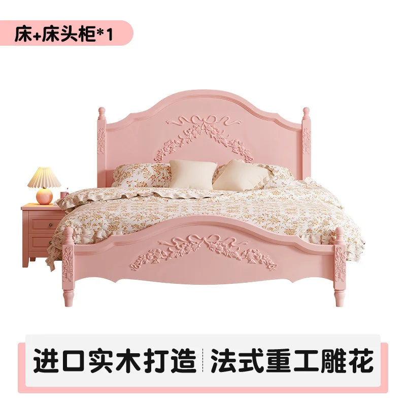 French Solid Wood Bed Pink Princess Bed Girl Bedroom 1.8 Meters 1.5m Double Retro European Carved Bed American