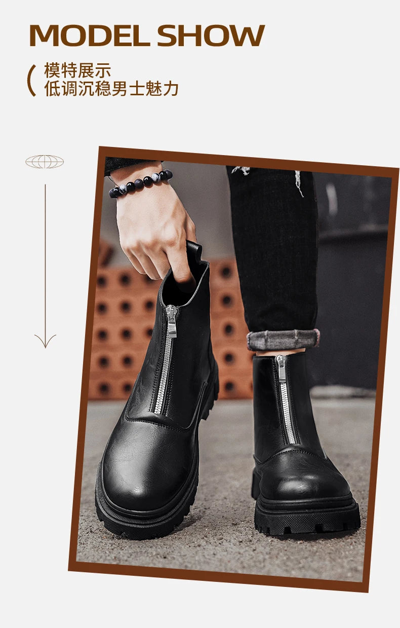 Men's Winter Leather Boots High Tops Zippers Waterproof Big Round Toe Trendy All-match New Fashion Mans Tooling Boot Main Push