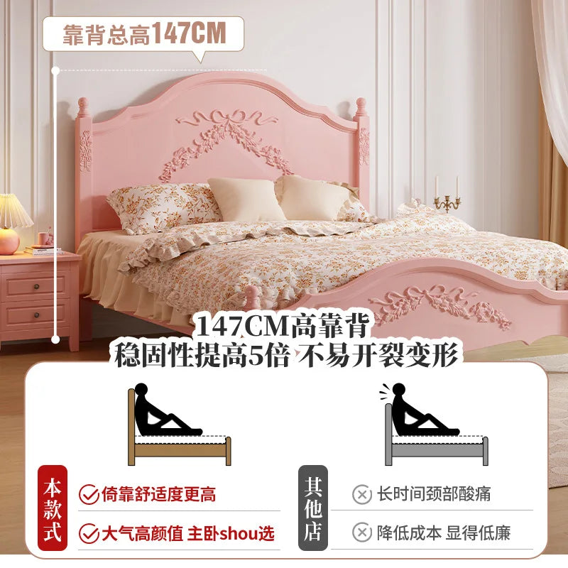French Solid Wood Bed Pink Princess Bed Girl Bedroom 1.8 Meters 1.5m Double Retro European Carved Bed American