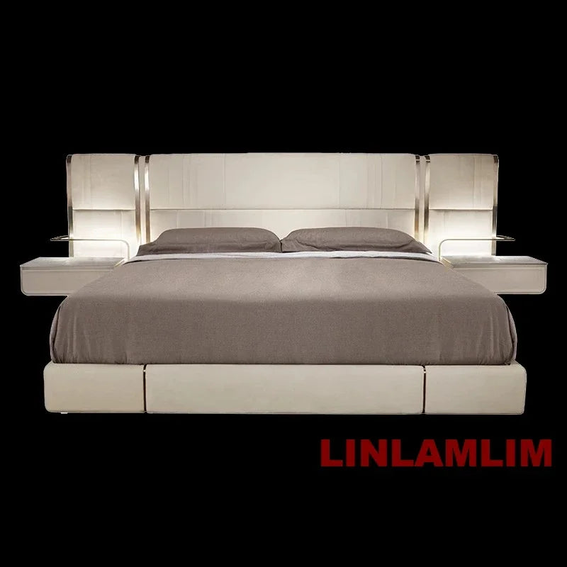 MINGDIBAO Luxury King / Queen Size Upholstered Bed Frame with Nightstands & Gold Accents, Modern Designer Genuine Leather Bed