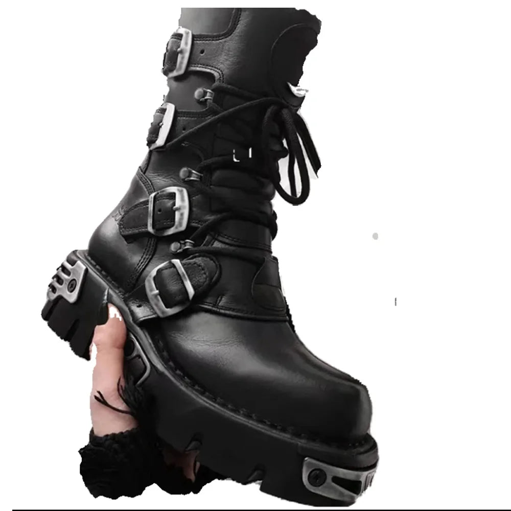 Men's Fashion Genuine Leather Motorcycle Boots Gothic Skull Punk Boots Design Rock Women Mid-calf Boots Metallic Combat Boot48
