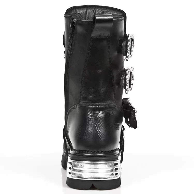 Men's Fashion Genuine Leather Motorcycle Boots Gothic Skull Punk Boots Design Rock Women Mid-calf Boots Metallic Combat Boot48