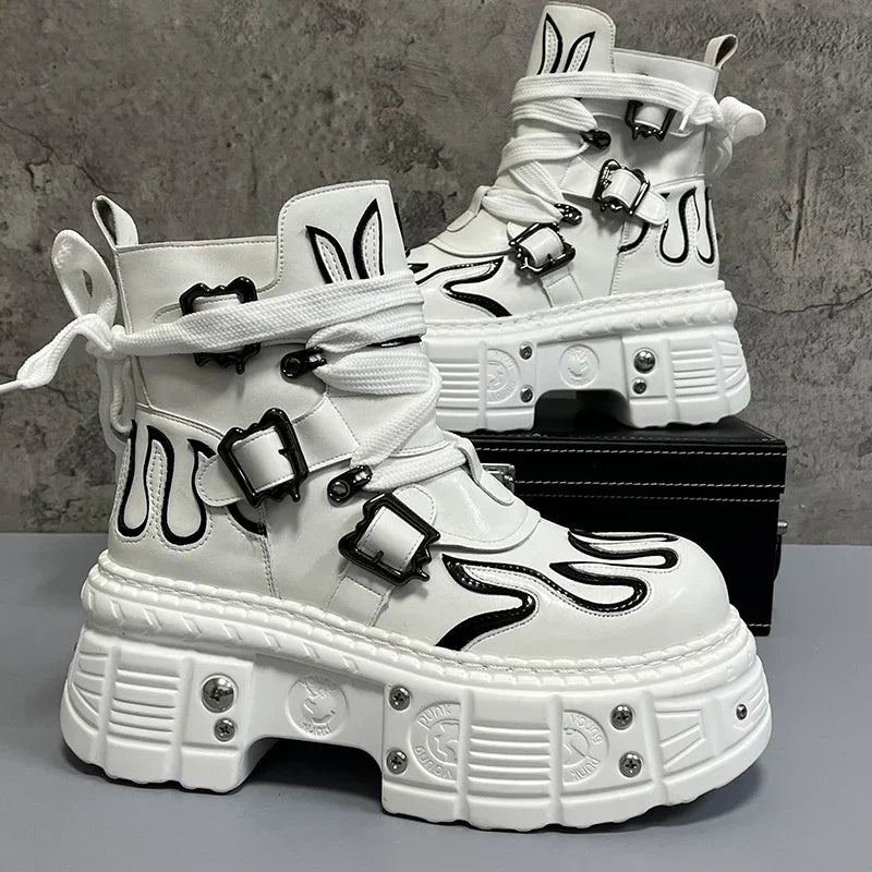 Men's 2024 Winter New Thick-soled Inner Heightening Fashion Fried Street Personality High-top Leather Boots