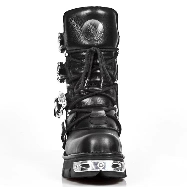 Men's Fashion Genuine Leather Motorcycle Boots Gothic Skull Punk Boots Design Rock Women Mid-calf Boots Metallic Combat Boot48