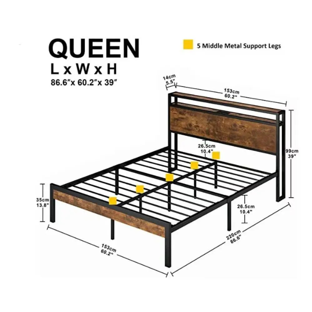 Metal Bed Frame, Wooden Headboard, USB Ports, No Box Spring, Under Bed Storage, Easy Assembly  Bed Frame Furniture Bedroom