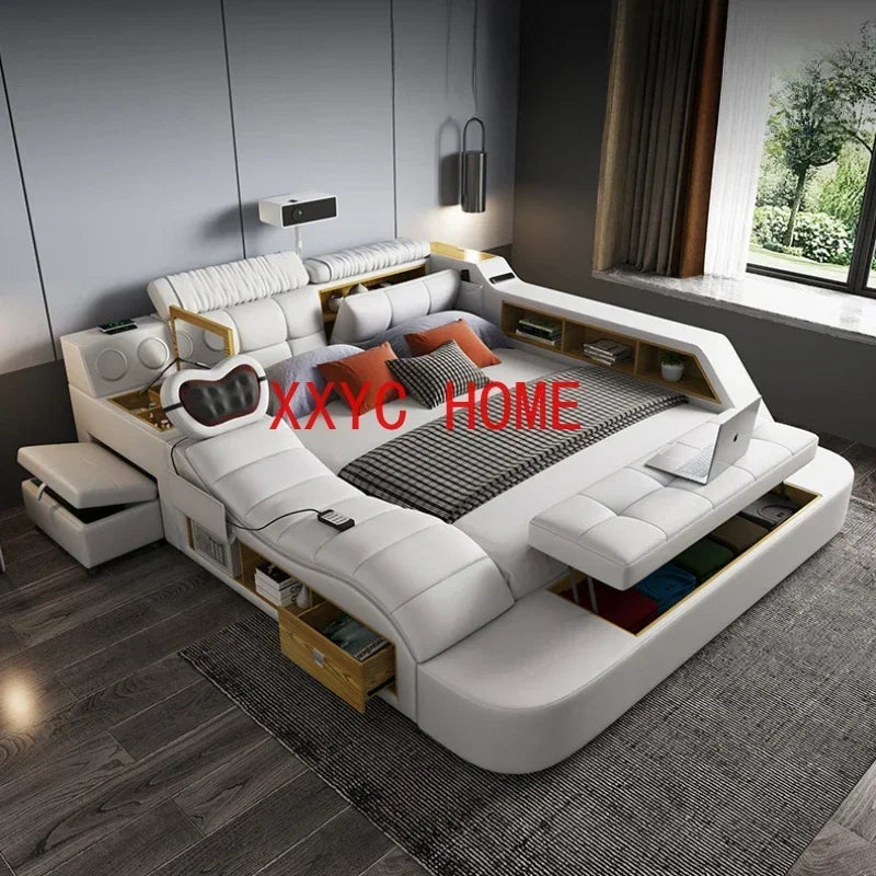 Queen Size Storage Double Bed Aesthetic Nordic Master Modern King Double Bed Multifunctional Smart Cama Casal Room Furniture