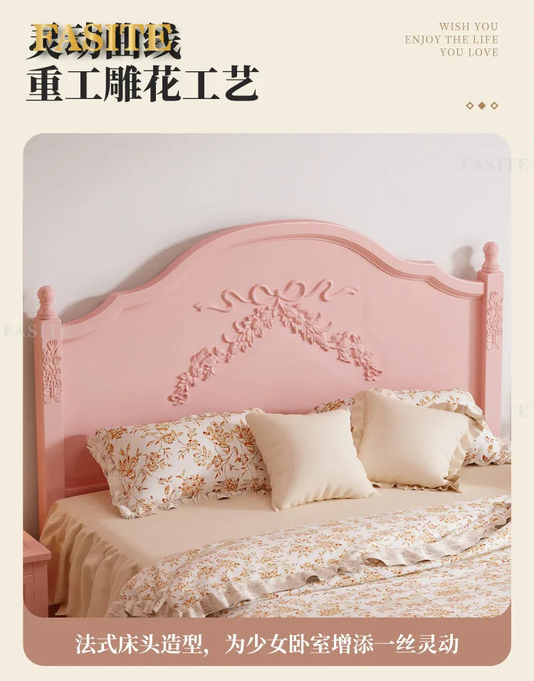 French Solid Wood Bed Pink Princess Bed Girl Bedroom 1.8 Meters 1.5m Double Retro European Carved Bed American