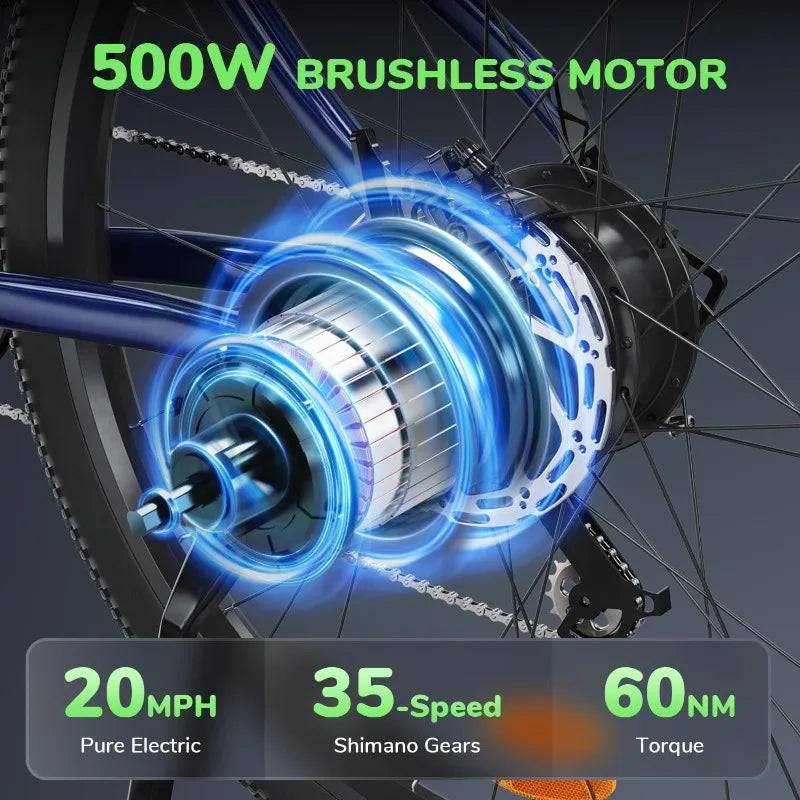 M10 Electric Bike Adult 500W, 26" Commuting Electric Mountain Bike 20MPH Max Range 55+ Miles, Removable Battery, Profe