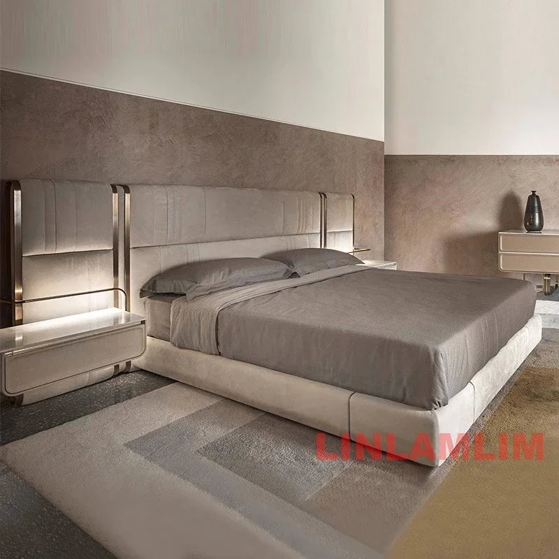 MINGDIBAO Luxury King / Queen Size Upholstered Bed Frame with Nightstands & Gold Accents, Modern Designer Genuine Leather Bed