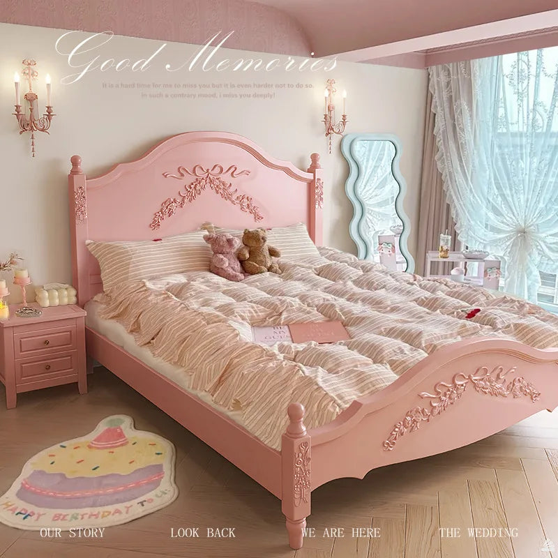 French Solid Wood Bed Pink Princess Bed Girl Bedroom 1.8 Meters 1.5m Double Retro European Carved Bed American