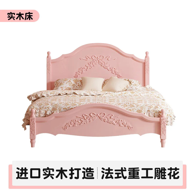 French Solid Wood Bed Pink Princess Bed Girl Bedroom 1.8 Meters 1.5m Double Retro European Carved Bed American