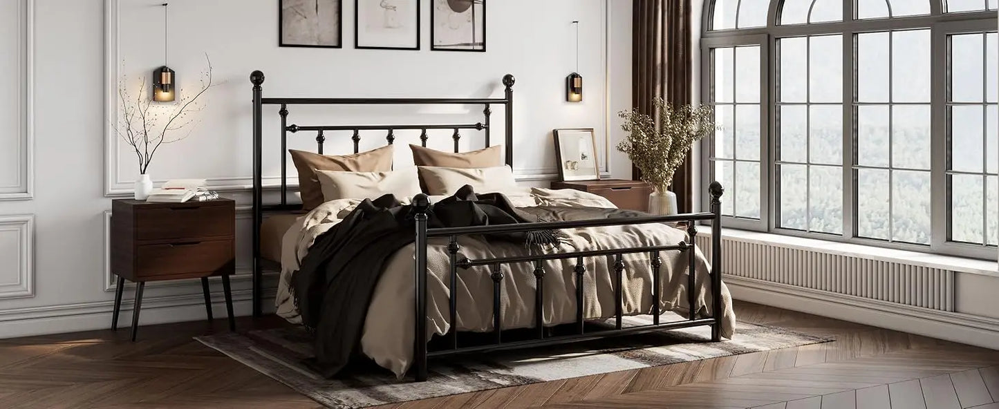 14'' Full Size Metal Platform Bed Frame/Victorian Headboard and Footboard/Steel Slats Mattress Foundation for Storage