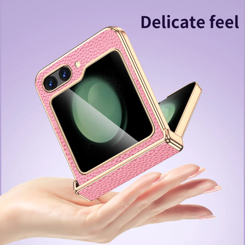 Cowhide Leather Phone Case for Samsung Galaxy Z Flip7 Flip6 Flip5 Flip 7 6 5 Luxury Hinge Protection Cover with Tempered Glass