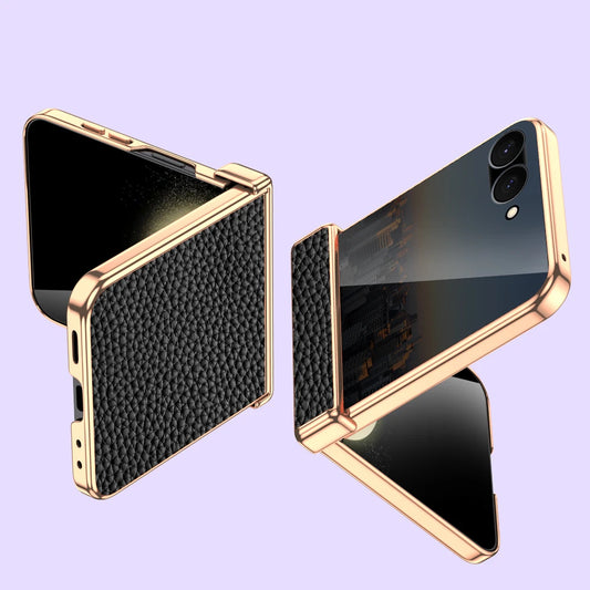 Cowhide Leather Phone Case for Samsung Galaxy Z Flip7 Flip6 Flip5 Flip 7 6 5 Luxury Hinge Protection Cover with Tempered Glass