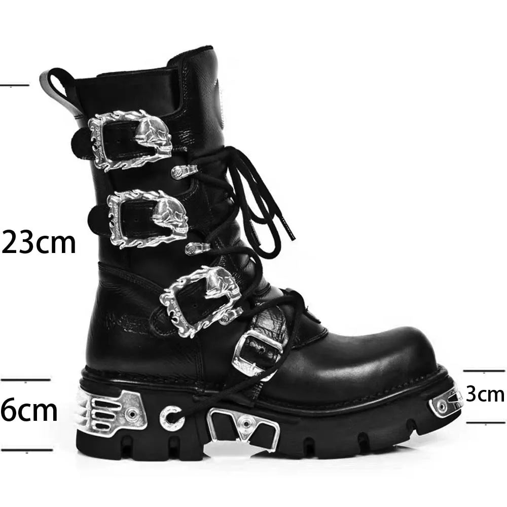 Men's Fashion Genuine Leather Motorcycle Boots Gothic Skull Punk Boots Design Rock Women Mid-calf Boots Metallic Combat Boot48