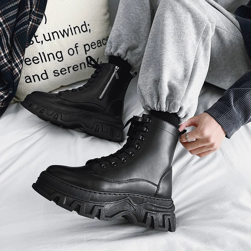 Leather England Black Men's Biker Boot Fashion Young Waterproof Trendy Boots Man Autumn Winter High Top Classic Basic Shoes
