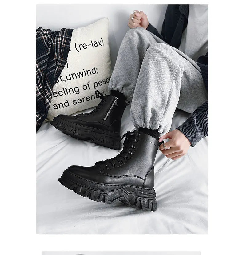 Leather England Black Men's Biker Boot Fashion Young Waterproof Trendy Boots Man Autumn Winter High Top Classic Basic Shoes